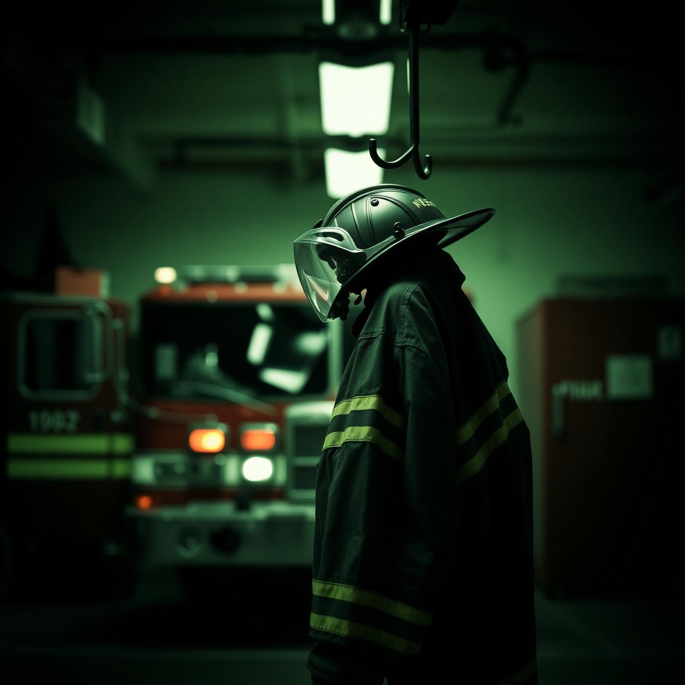 Firefighter turnout coat and helmet hanging in a station bay