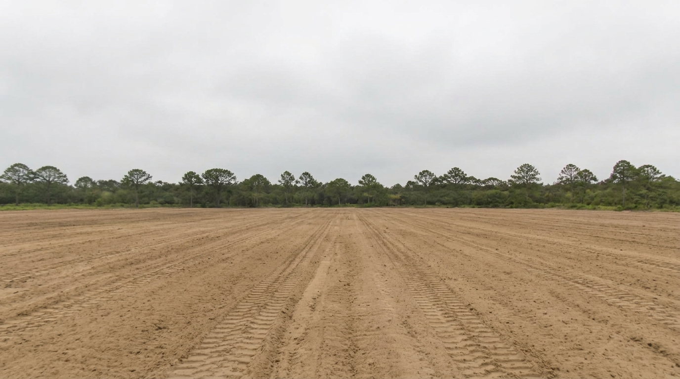 The same field cleared to graded dirt, same tree line on the horizon