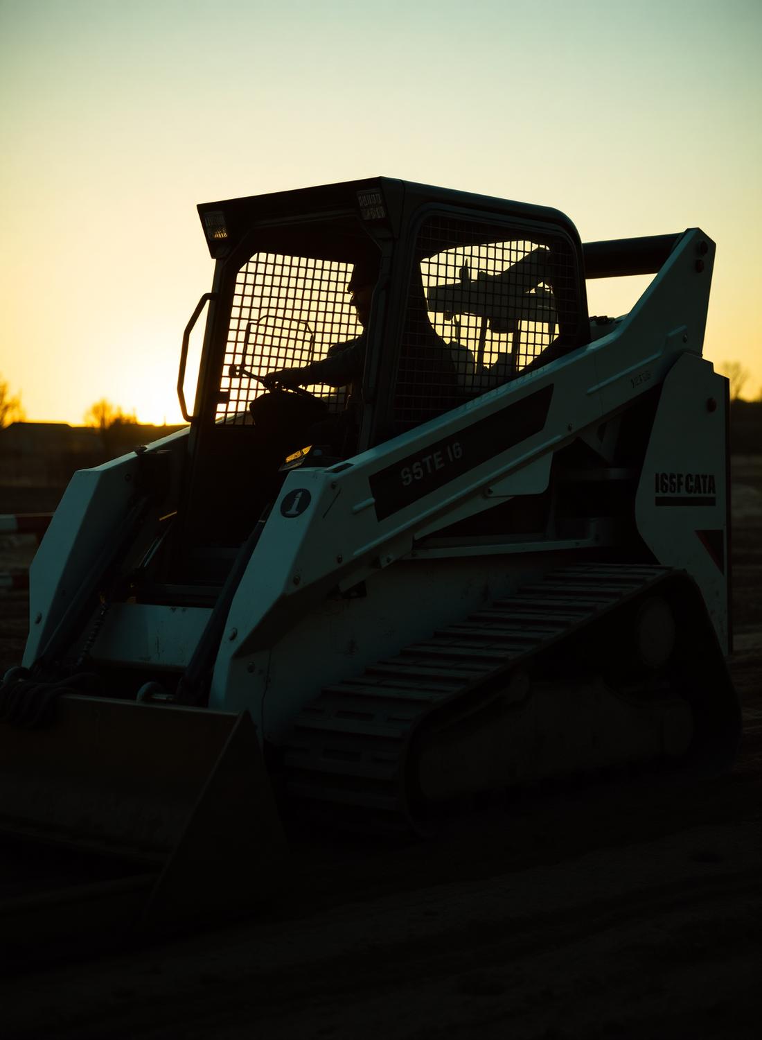Skid steer loader working a cleared dirt site at sunset