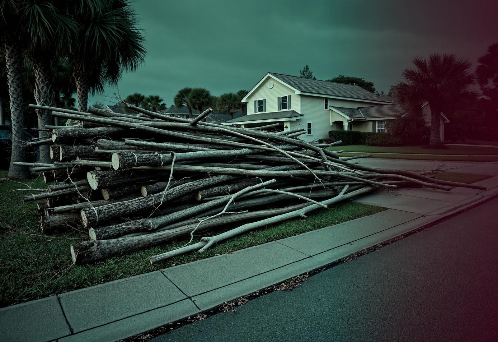 Storm-downed tree limbs stacked at the curb of a Sarasota home